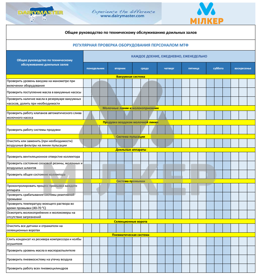 Регламент технического обслуживания оборудования доильных залов DAIRYMASTER  (Унибокс) - Милкер